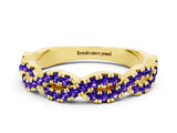 Yellow gold Round Tanzanite Twisted Eternity Band with Pavé and Shared Prong Setting_22