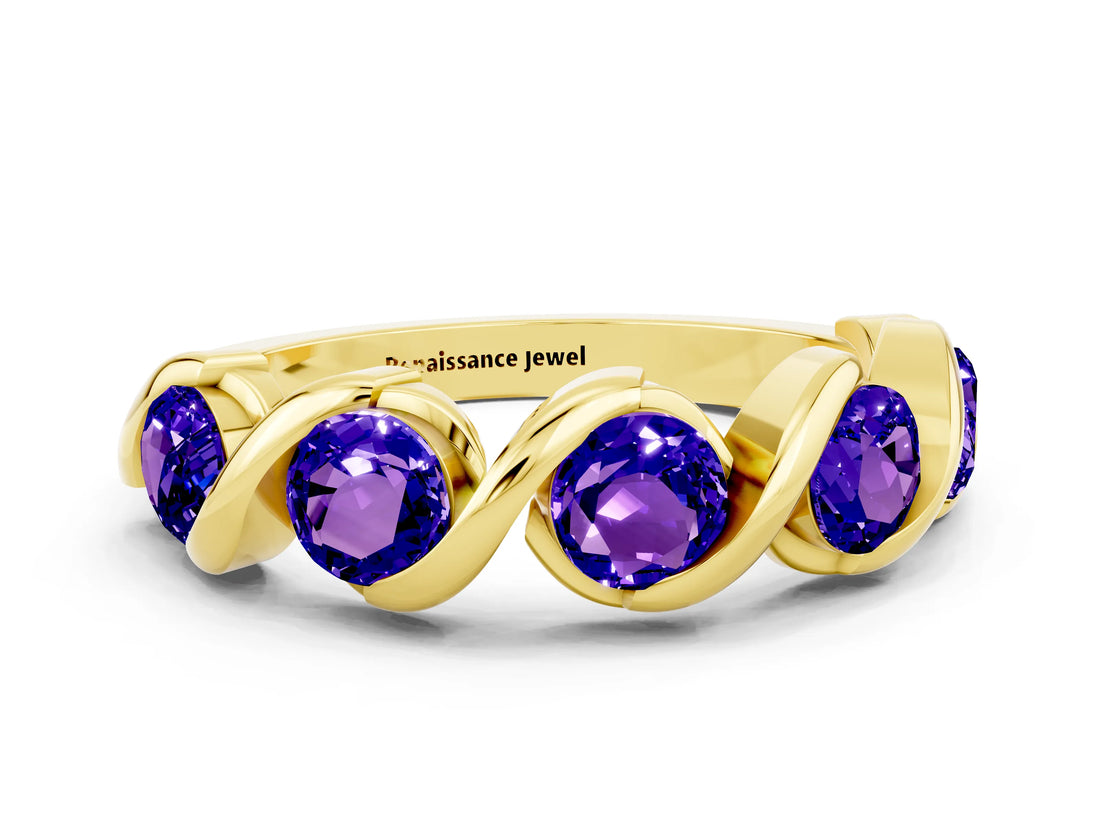Yellow gold Round Tanzanite Wave Band with Channel Setting and Shared Prongs_6
