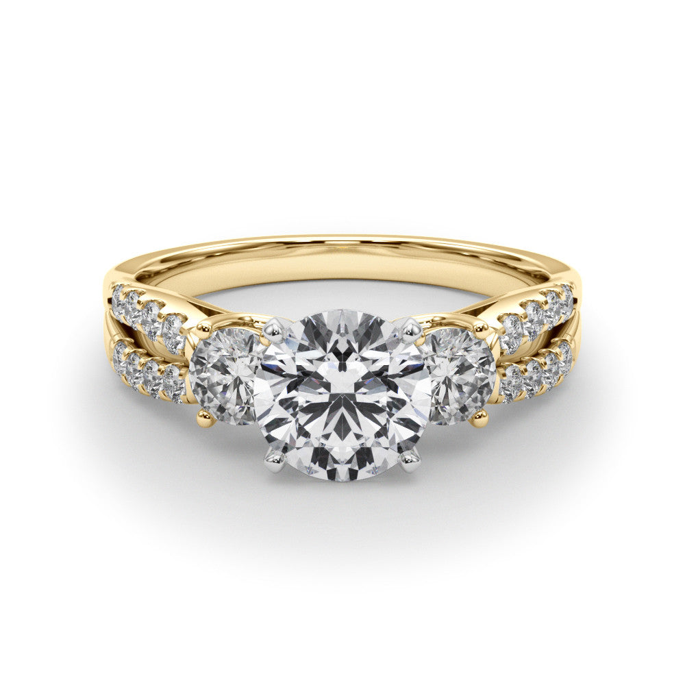Yellow gold Round Three-Stone Diamond Ring with Pavé Split Shank and Four-Prong Setting 1