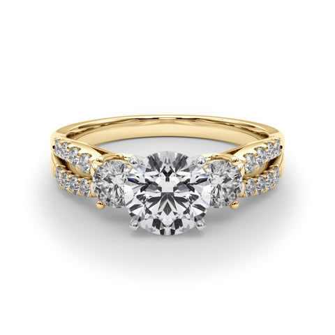 Yellow gold Round Three-Stone Diamond Ring with Pavé Split Shank and Four-Prong Setting 1