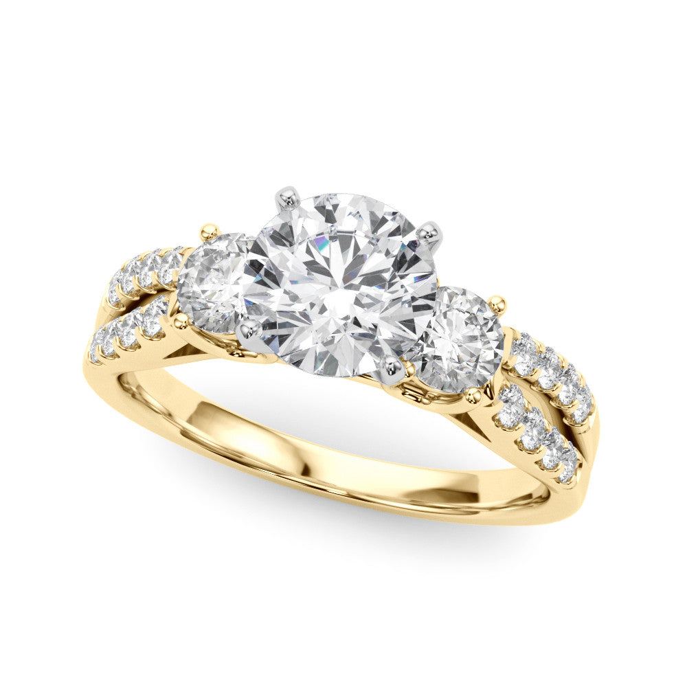 Yellow gold Round Three-Stone Diamond Ring with Pavé Split Shank and Four-Prong Setting