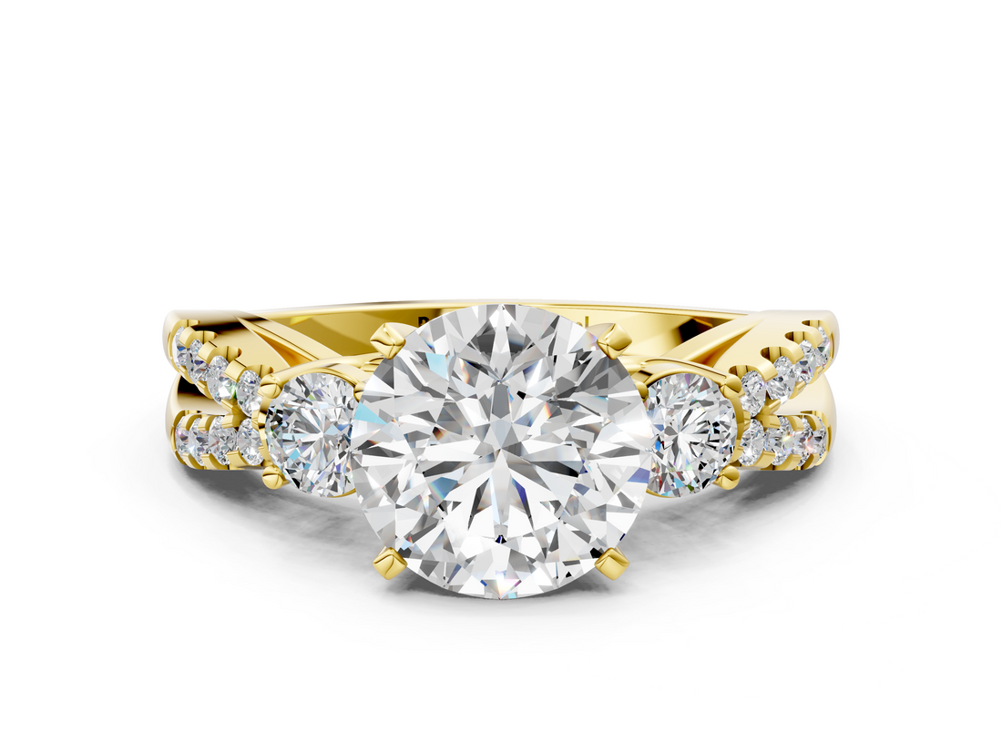 Yellow gold Round Three-Stone Diamond Ring with Pavé Split Shank and Four-Prong Setting_90