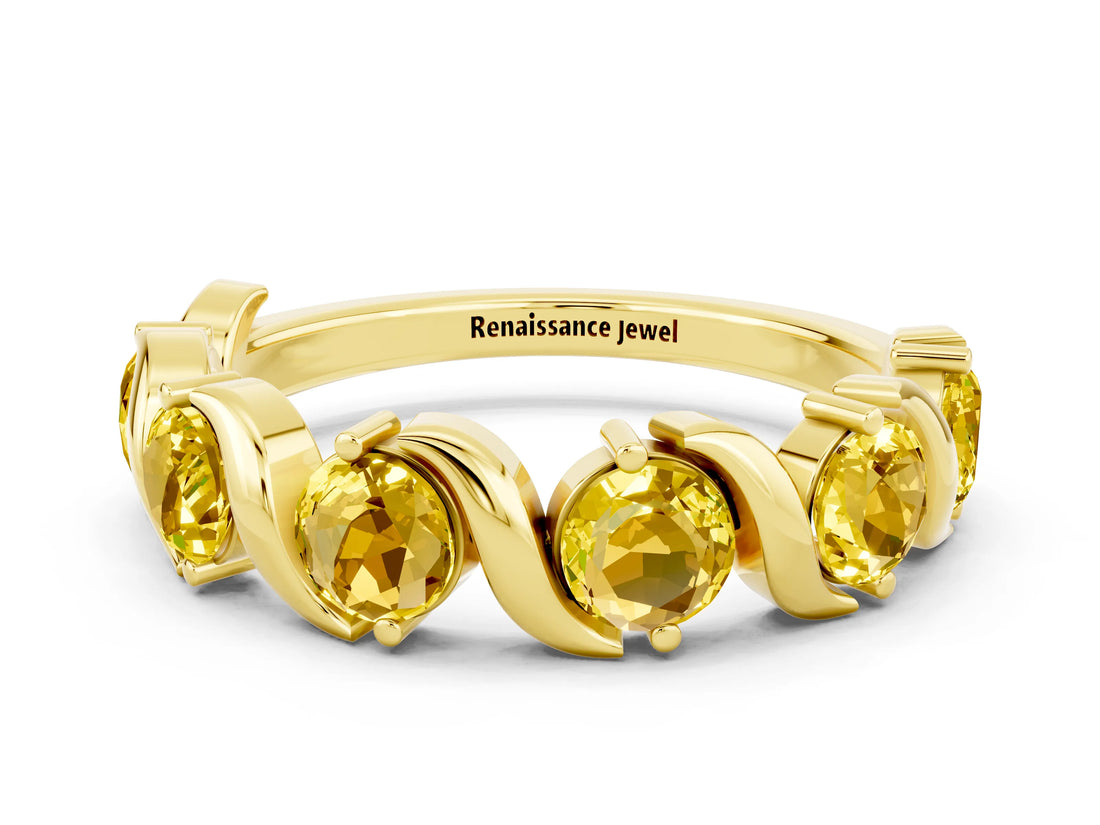 Yellow gold Round Yellow Sapphire Half Eternity Band with Wave Prong Setting_6