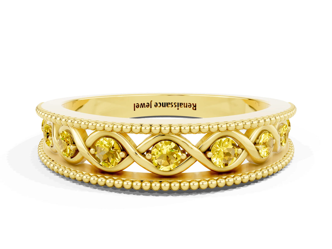 Yellow gold Round Yellow Sapphire Twist Milgrain Band with Bezel Setting_12