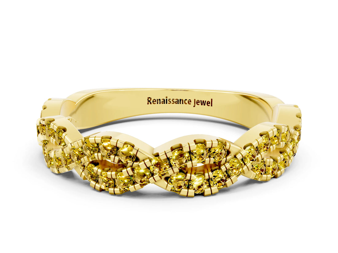 Yellow gold Round Yellow Sapphire Twisted Eternity Band with Pavé and Shared Prong Setting_22