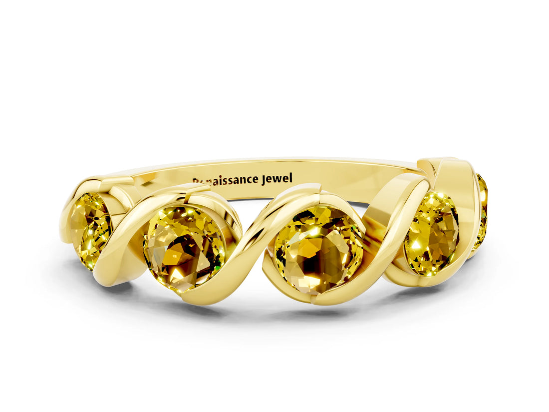 Yellow gold Round Yellow Sapphire Wave Band with Channel Setting and Shared Prongs_6