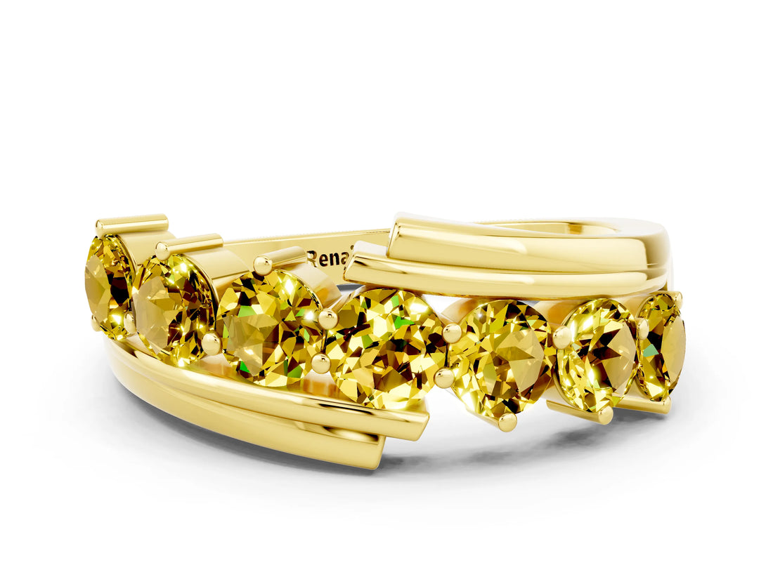 Yellow gold Round Yellow Sapphire Wave Band with Channel and Shared Prong Setting_18