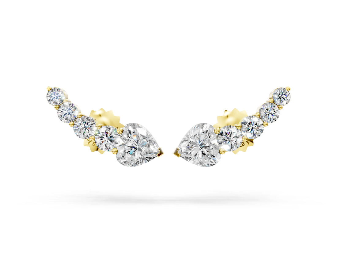 Yellow gold Round and Heart Diamond Petite Ear Climber Earrings
