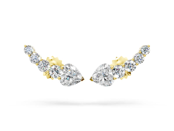Yellow gold Round and Heart Diamond Petite Ear Climber Earrings