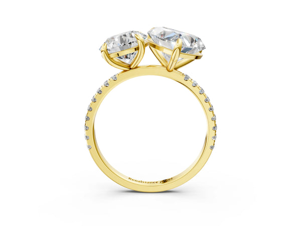 Yellow Gold Round and Heart Laboratory-Grown Diamond Toi et Moi Engagement Ring with Pave Band