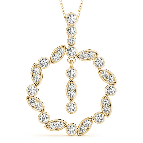 Yellow gold Round and Marquise Cut Diamond Milgrain Halo Pendant