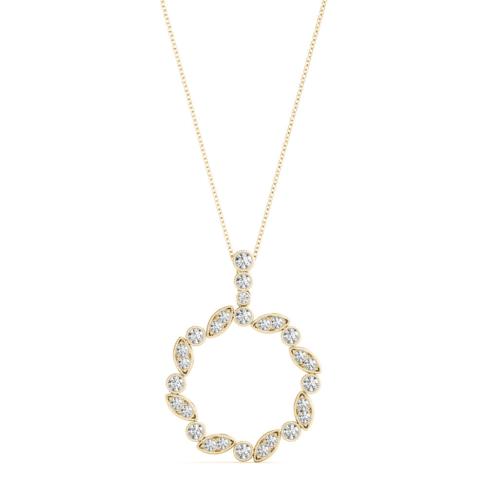 Yellow gold Round and Marquise Diamond Circle Pendant with Bezel and Prong Setting