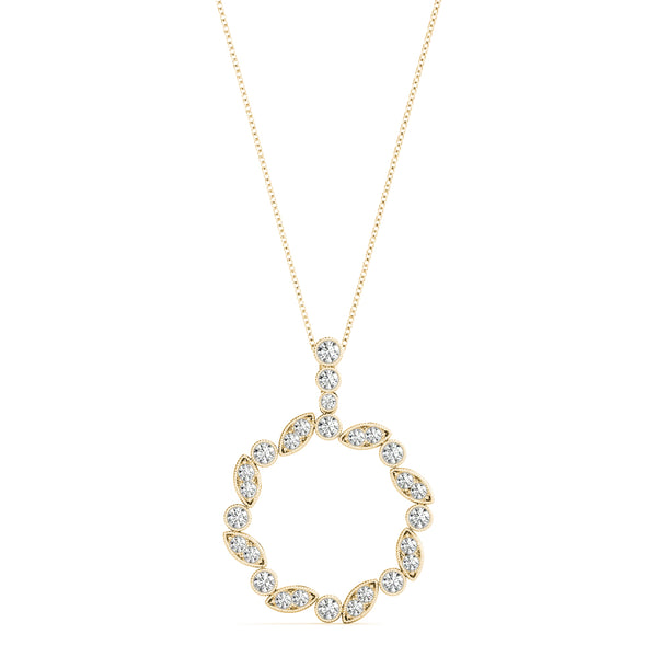 Yellow gold Round and Marquise Diamond Circle Pendant with Bezel and Prong Setting
