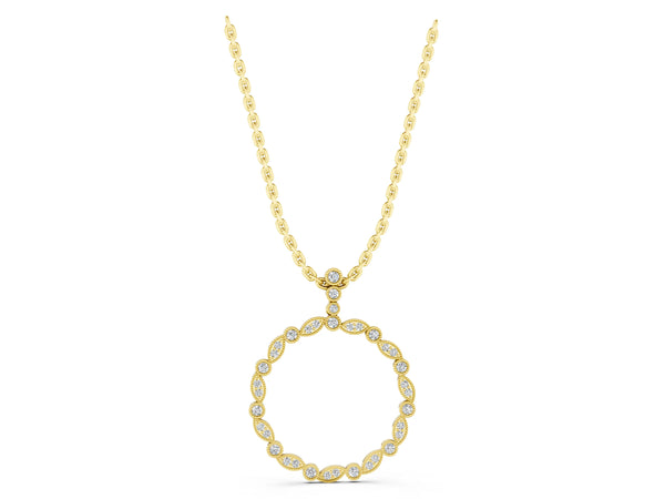 Yellow gold Round and Marquise Diamond Circle Pendant with Bezel and Prong Setting
