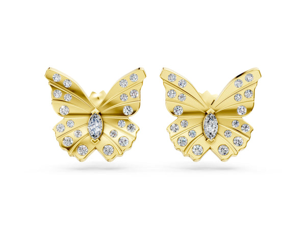 Yellow gold Round and Marquise Diamond Flutter Butterfly Stud Earrings