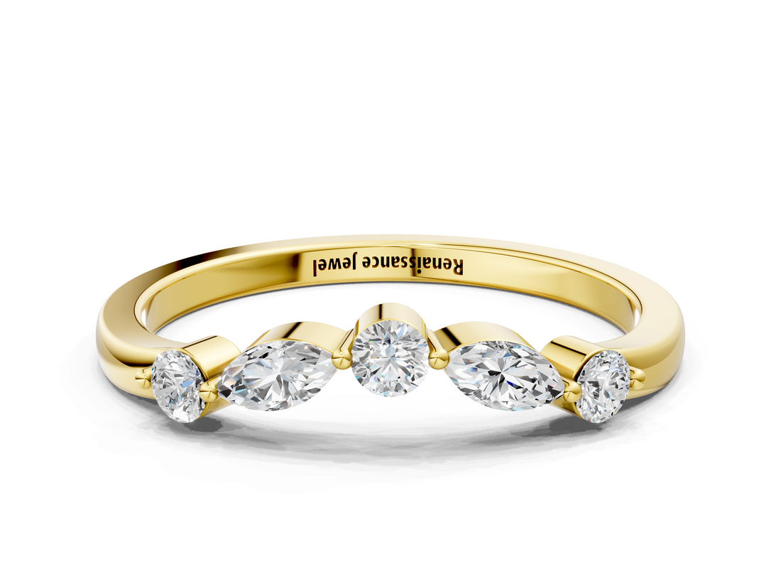 Yellow gold Round and Marquise Diamond Half Eternity Band with Prong Setting_4
