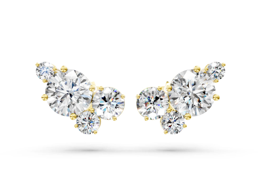 Yellow gold Round and Oval Diamond Hydrangea Bouquet Stud Earrings with Round Diamond Accents_8