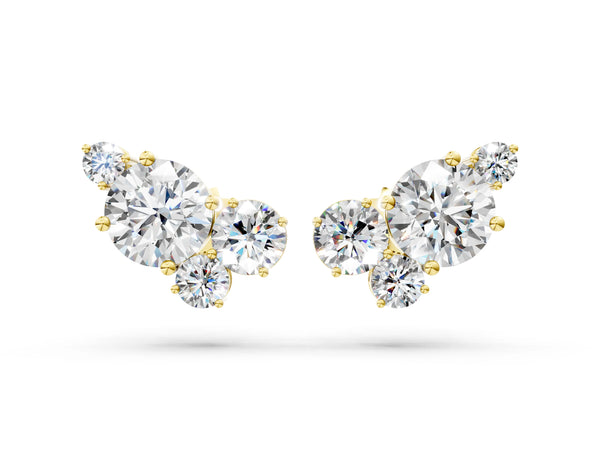 Yellow gold Round and Oval Diamond Hydrangea Bouquet Stud Earrings with Round Diamond Accents
