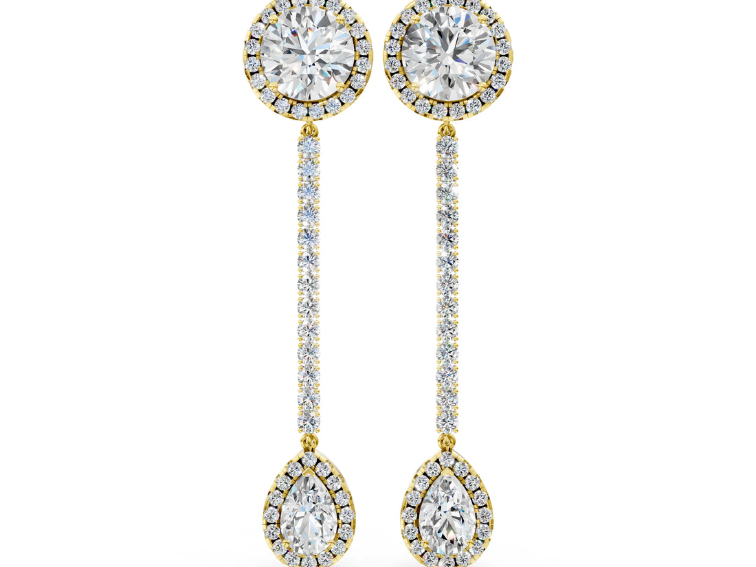 Yellow gold Round and Pear Diamond Halo Drop Earrings