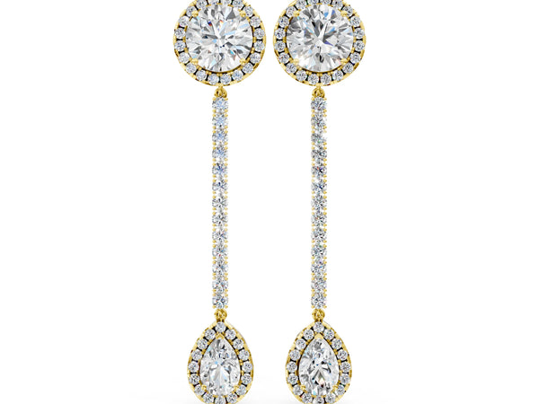 Yellow gold Round and Pear Diamond Halo Drop Earrings