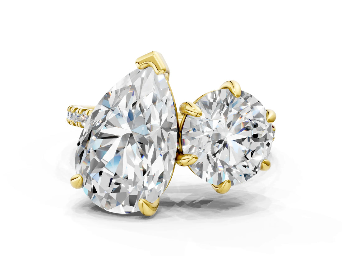 Yellow gold Round and Pear Toi Moi Ring with Prong Setting and Micro Pave Band