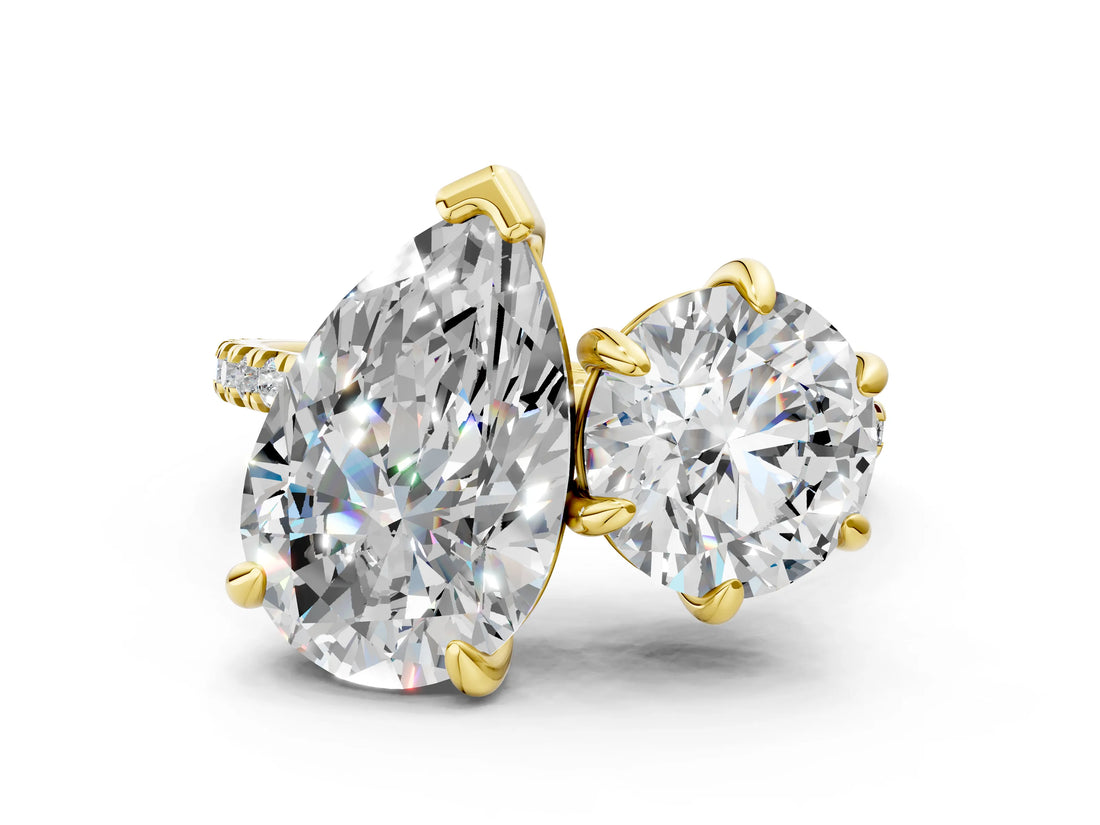 Yellow gold Round and Pear Toi Moi Ring with Prong Setting and Pave Band 1