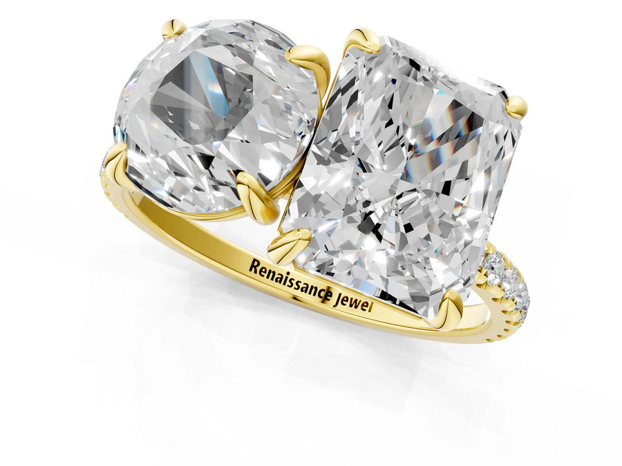 Yellow gold Round and Radiant Toi Moi Ring with Prong Setting and Micro Pave Band