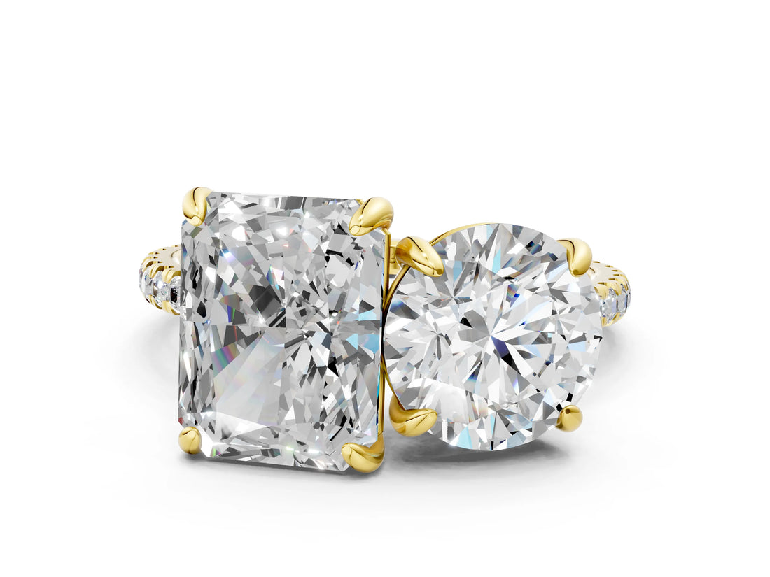 Yellow gold Round and Radiant Toi Moi Ring with Prong Setting and Pave Band