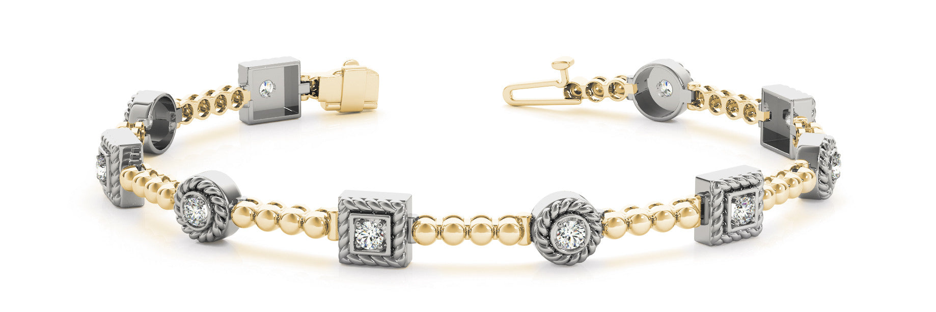 Yellow gold Round and Square Bezel Set Diamond Tennis Bracelet with Beaded Band