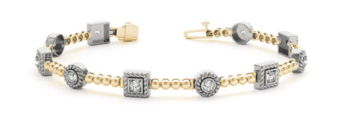 Yellow gold Round and Square Bezel Set Diamond Tennis Bracelet with Beaded Band
