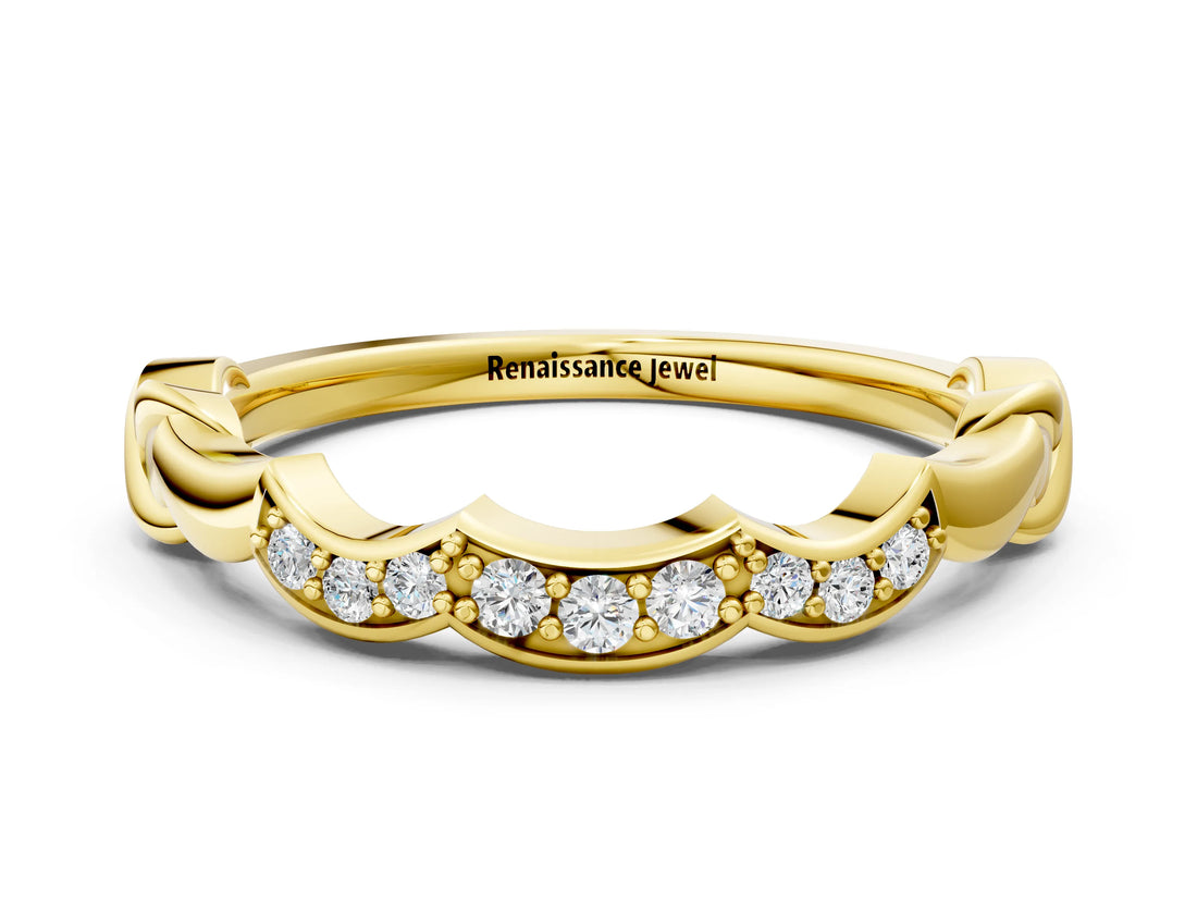 Yellow gold Scalloped Diamond Curved Band with Round Brilliant Stones and Shared Prong Setting_2