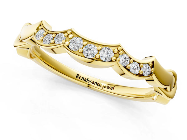 Yellow gold Scalloped Diamond Curved Band with Round Brilliant Stones and Shared Prong Setting