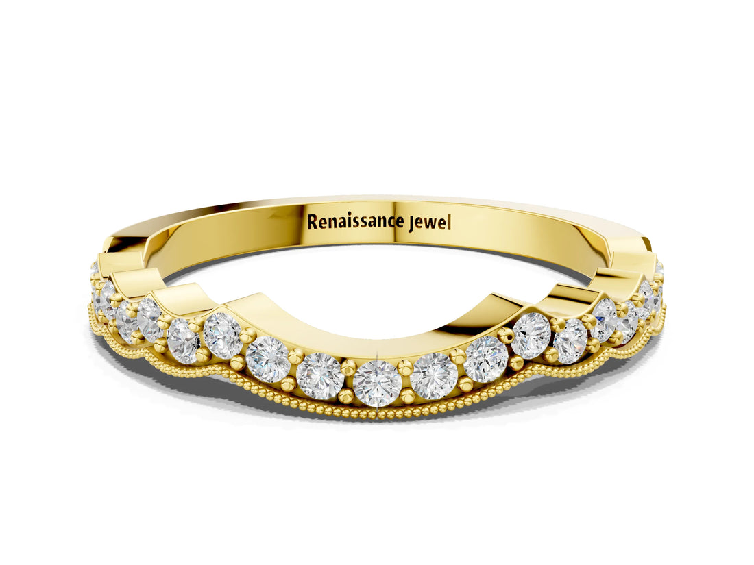 Yellow gold Scalloped Diamond Round Cut Eternity Band with Pavé Setting_4