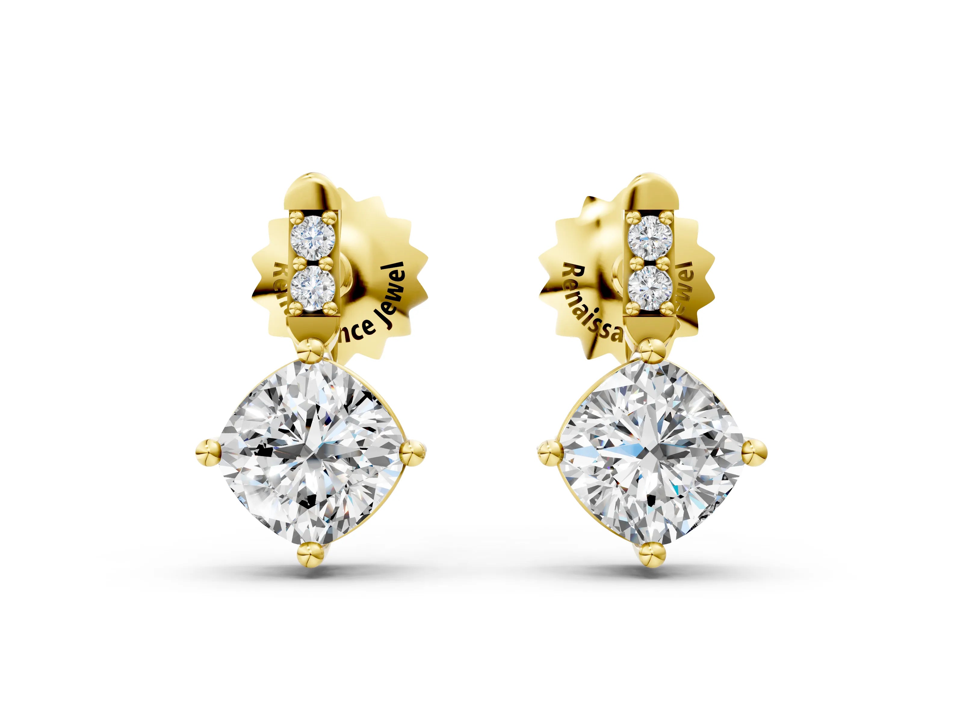 Yellow gold Sideways Cushion Diamond Drop Earrings with Diamond Accent