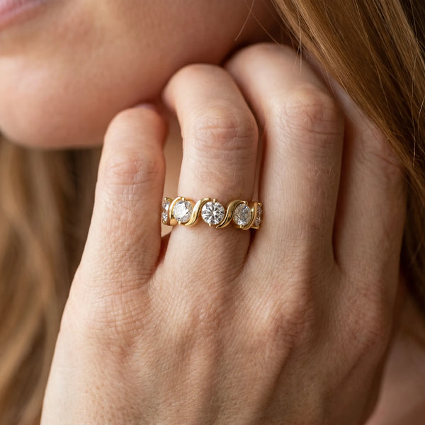Yellow gold Six-Stone Round Diamond Wave Band with Shared Prong Setting