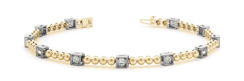Yellow gold Square Bezel Set Round Diamond Beaded Tennis Bracelet