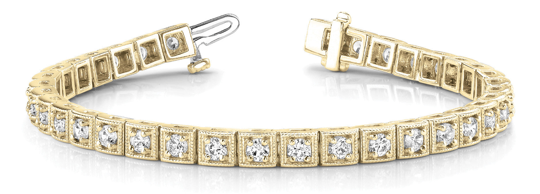 Yellow gold Square Bezel-Set Round Diamond Tennis Bracelet with Four-Prong Setting