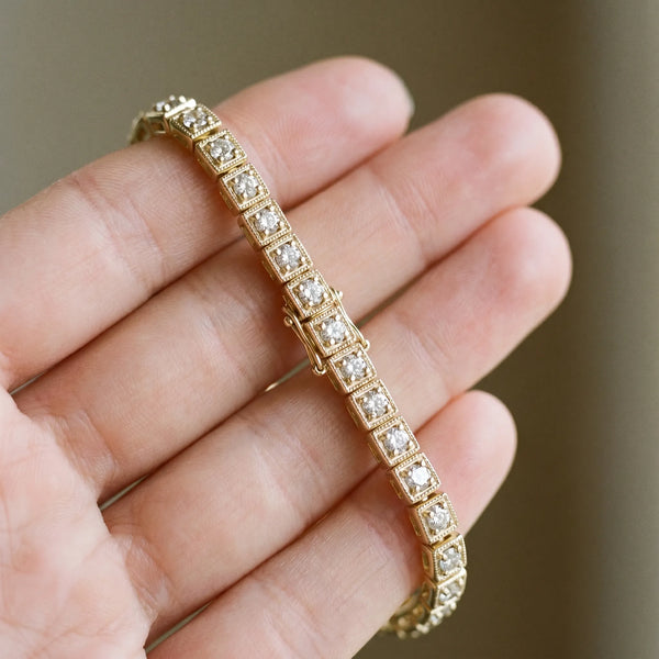 Yellow gold Square Bezel-Set Round Diamond Tennis Bracelet with Four-Prong Setting