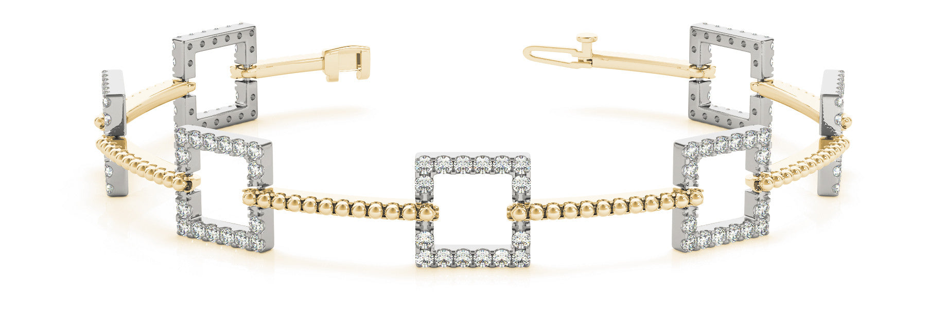 Yellow gold Square Diamond Pavé Link Bracelet with Beaded Band and Four-Prong Setting