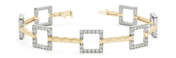 Yellow gold Square Diamond Pavé Link Bracelet with Textured Band and Four-Prong Setting