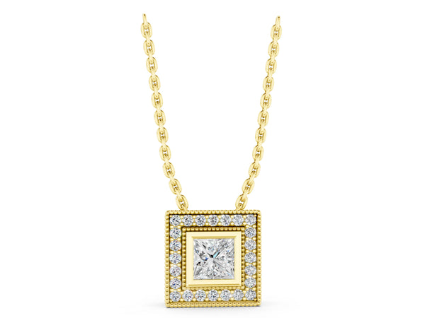 Yellow gold Square Halo Princess Cut Pendant with Bezel Setting