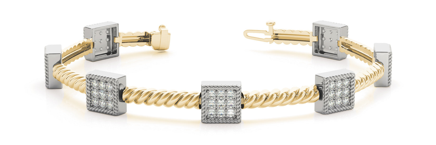 Yellow gold Square Pave Diamond Rope Bracelet with Box Clasp