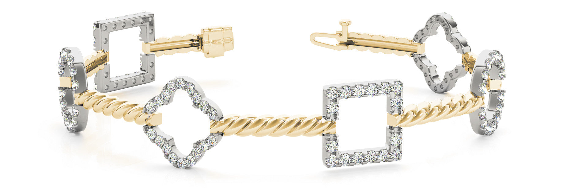 Yellow gold Square and Clover Diamond Pave Twisted Cable Bracelet