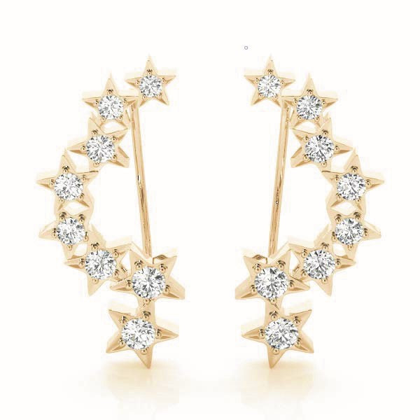 Yellow gold Star Cluster Diamond Crescent Earrings with Round Cut Stones on a Curved Band and Prong Setting