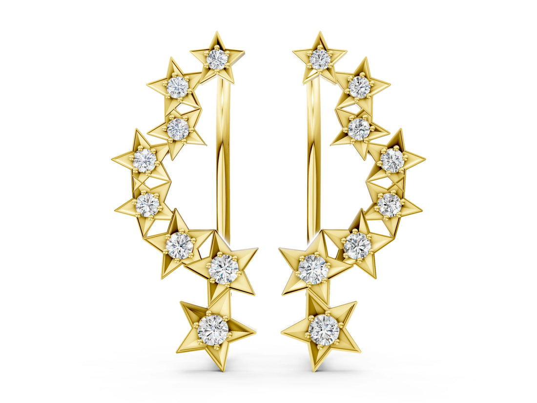 Yellow gold Star Cluster Diamond Crescent Earrings with Round Cut Stones on a Curved Band and Prong Setting_12