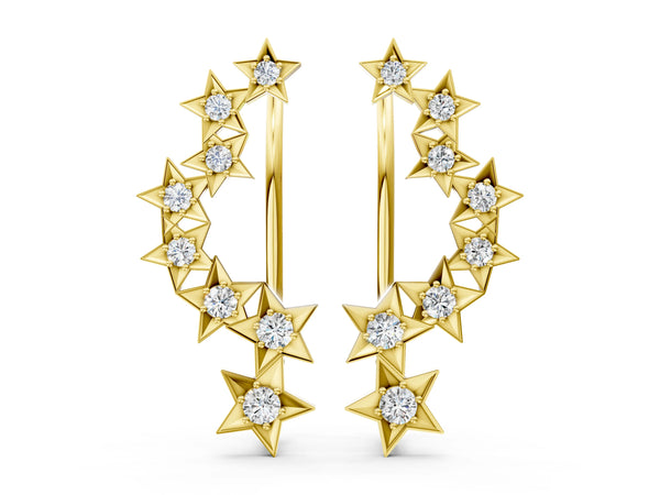 Yellow gold Star Cluster Diamond Crescent Earrings with Round Cut Stones on a Curved Band and Prong Setting