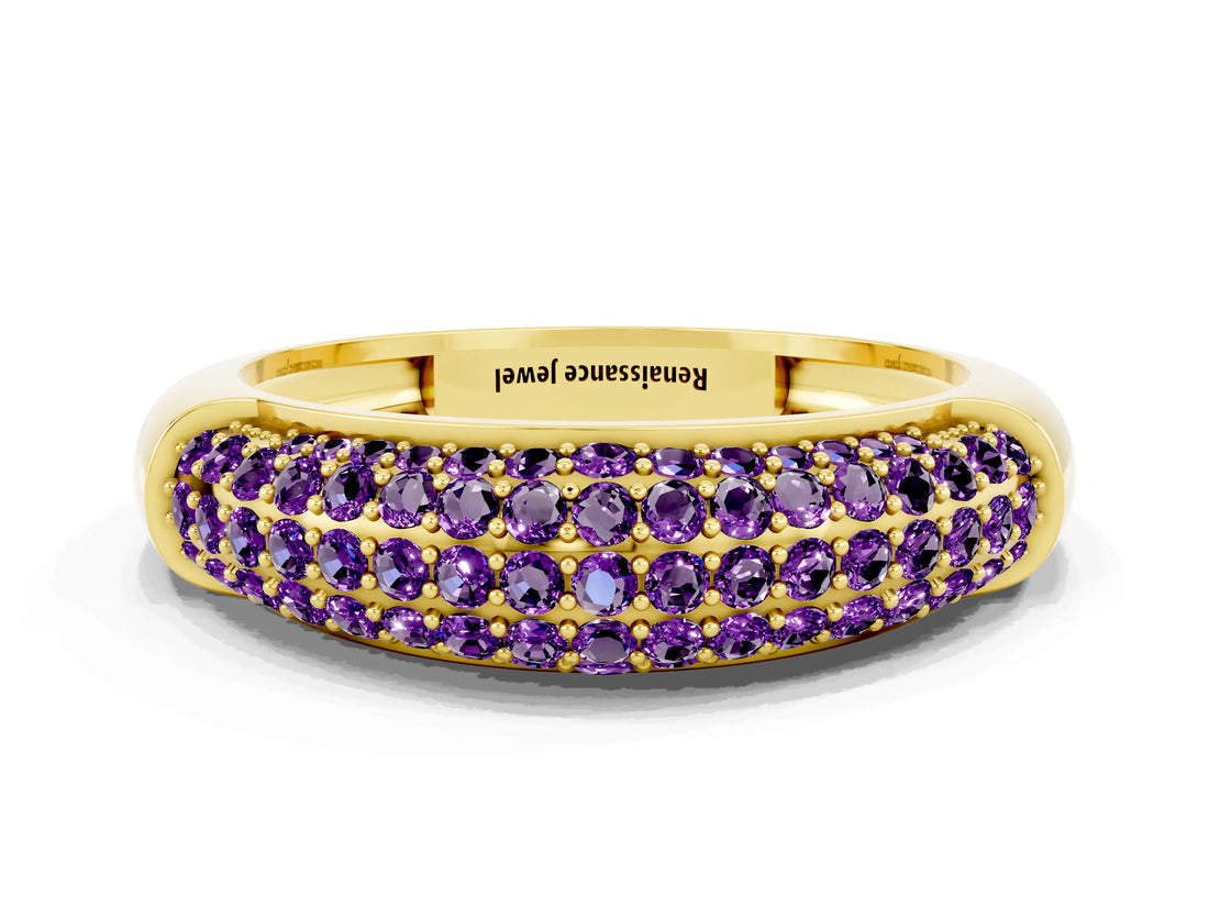 Yellow gold Three-Row Pavé Round Amethyst Dome Band_6