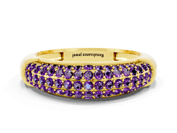 Yellow gold Three-Row Pavé Round Amethyst Dome Band