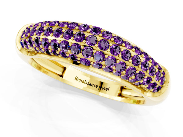 Yellow gold Three-Row Pavé Round Amethyst Dome Band