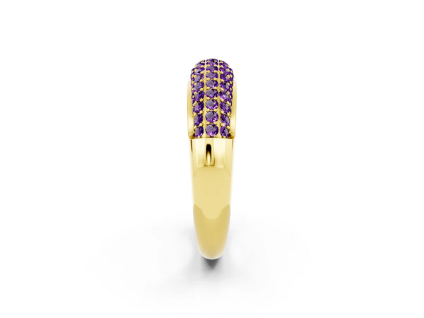 Yellow gold Three-Row Pavé Round Amethyst Dome Band
